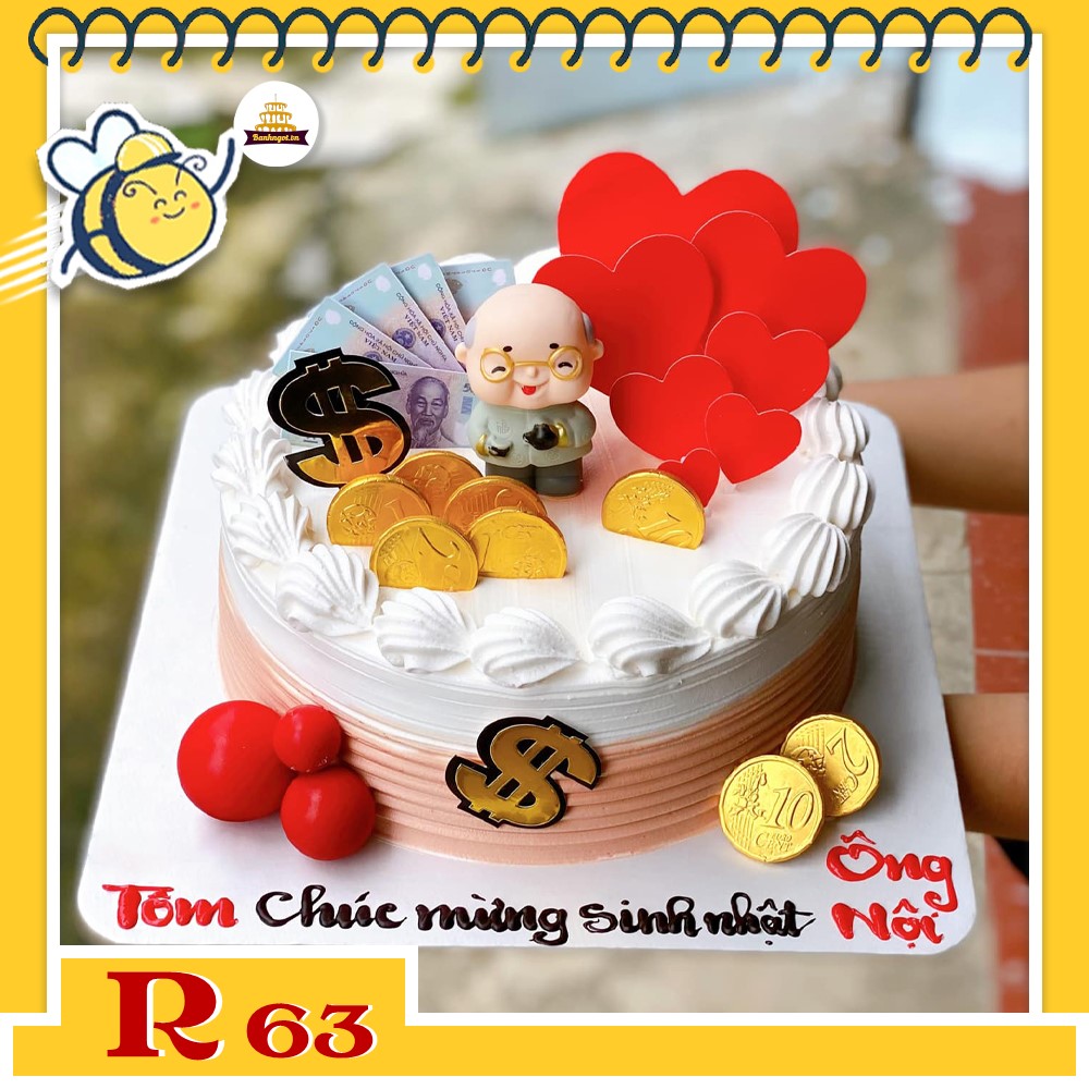 Bánh kem R63 sinh nhật ông nội ông ngoại phụ kiện tiền vàng mô hình ông
