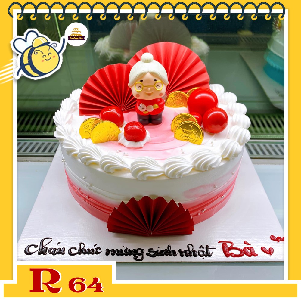 Bánh kem R64 sinh nhật bà gắn mô hình nhựa dễ thương tone trắng đỏ