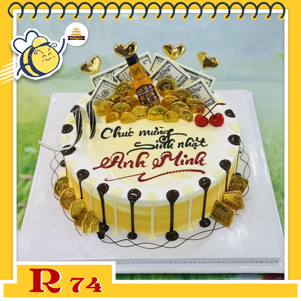 Bánh kem R74 sang trọng màu trắng vàng gold phụ kiện hiện đại