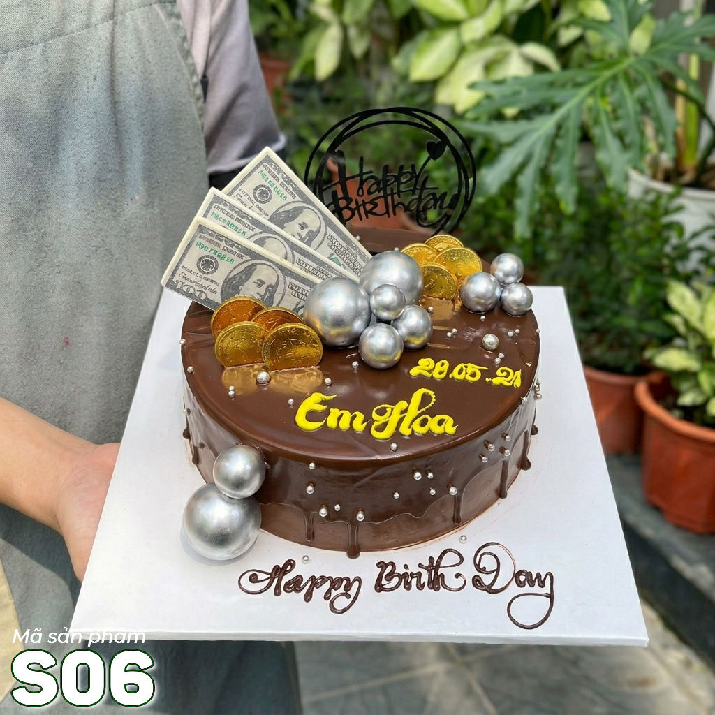 Bánh kem socola S06 trang trí phụ kiện hiện đại phong cách giàu sang quý tộc tiền vàng đô la