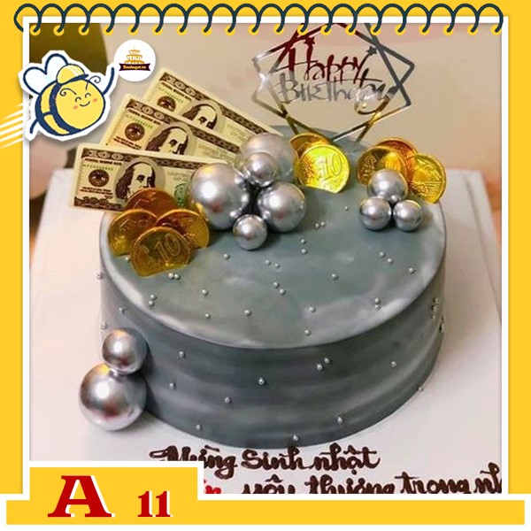 Bánh kem sinh nhật đơn giản A11 bán chạy cho nam màu xám cắm nhiều bi và tiền đô xu vàng