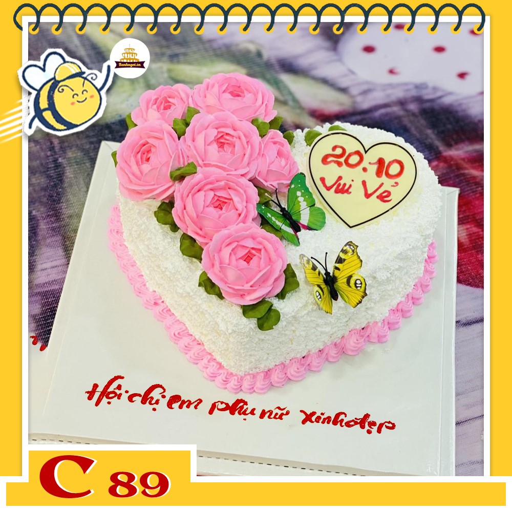 Bánh kem 20/10 C89 trái tim trắng hồng vườn hoa bướm