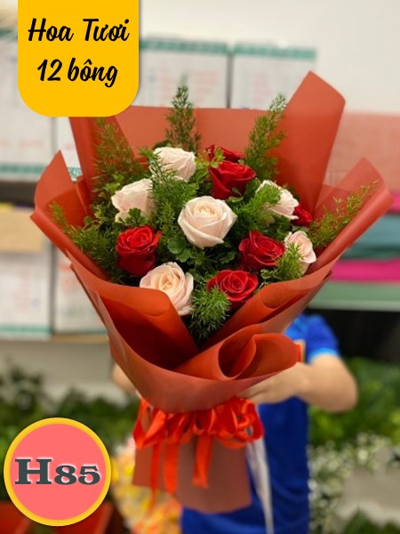 Bó hoa tươi H85 hoa hồng 12 bông