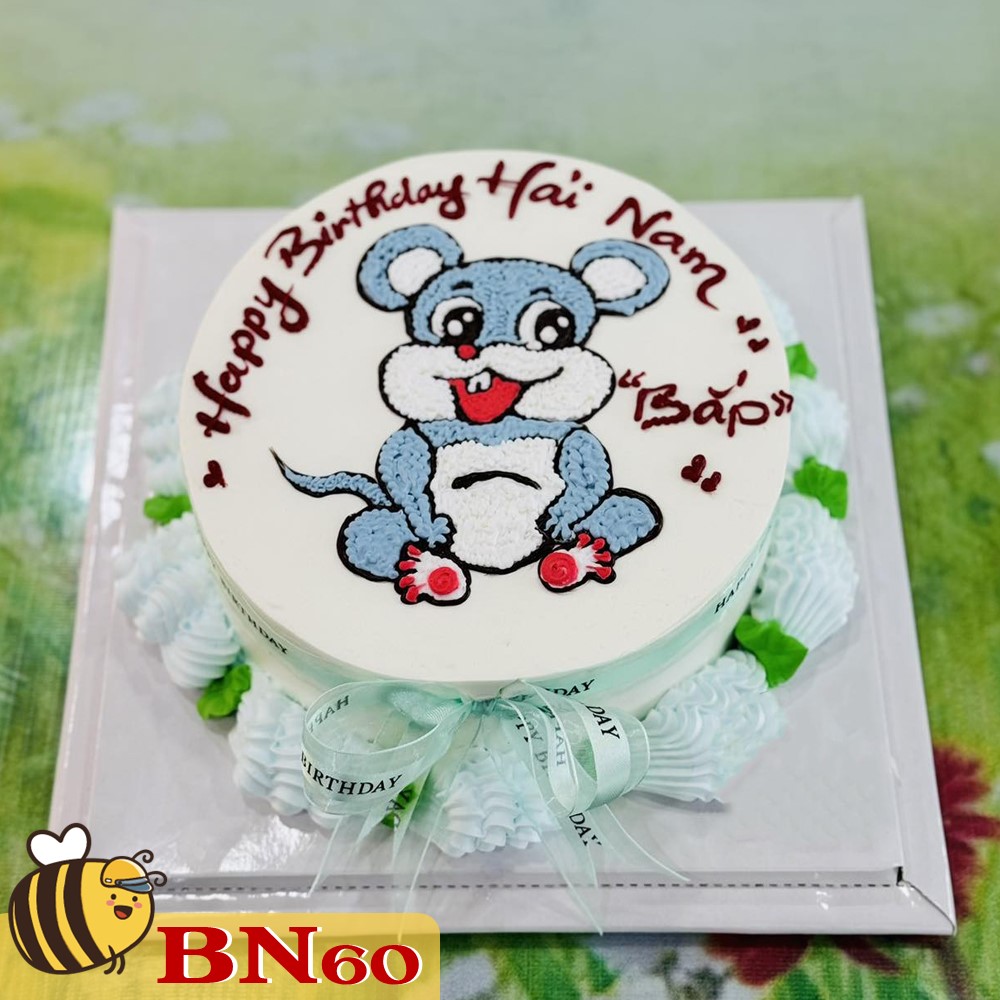 Mẫu bánh sinh nhật đẹp BN60 vẽ hình con chuột tuổi tý dễ thương cho bé