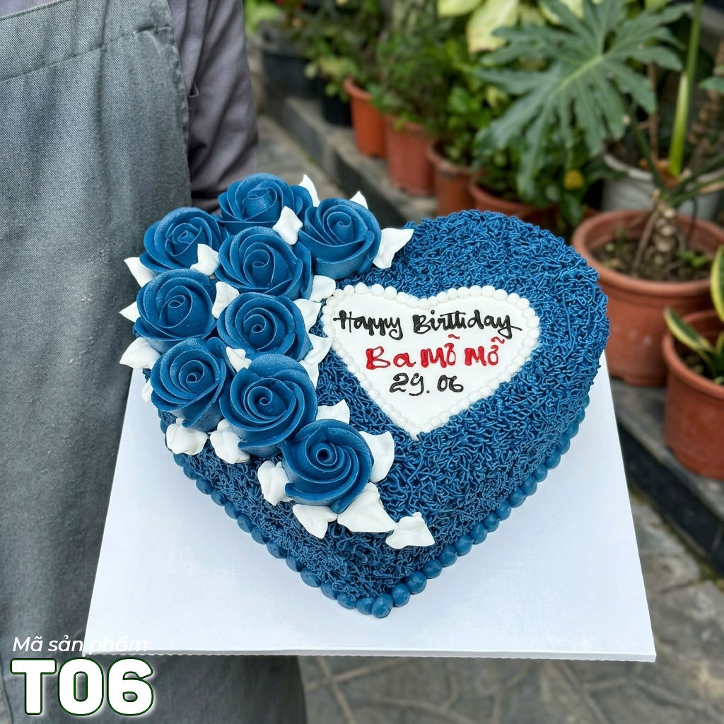 Bánh kem trái tim T06 màu xanh biển bắt hoa nửa bên mẫu hot cho nam đàn ông