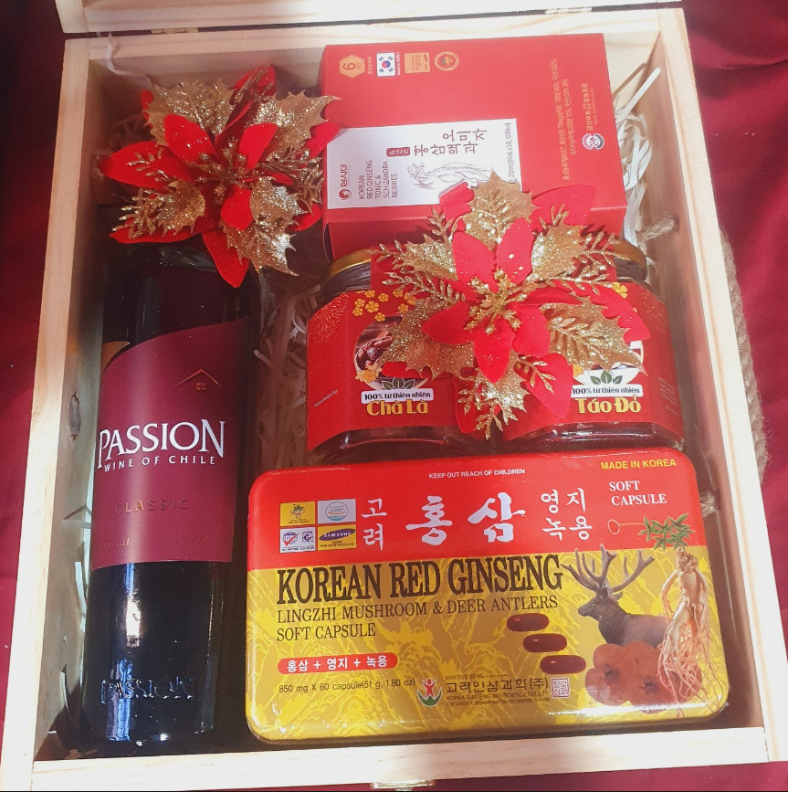 T114 Hồng Sâm Linh Chi Đông Trùng, 2 hũ trái cây sấy, Đạm Sâm Gold, Passion