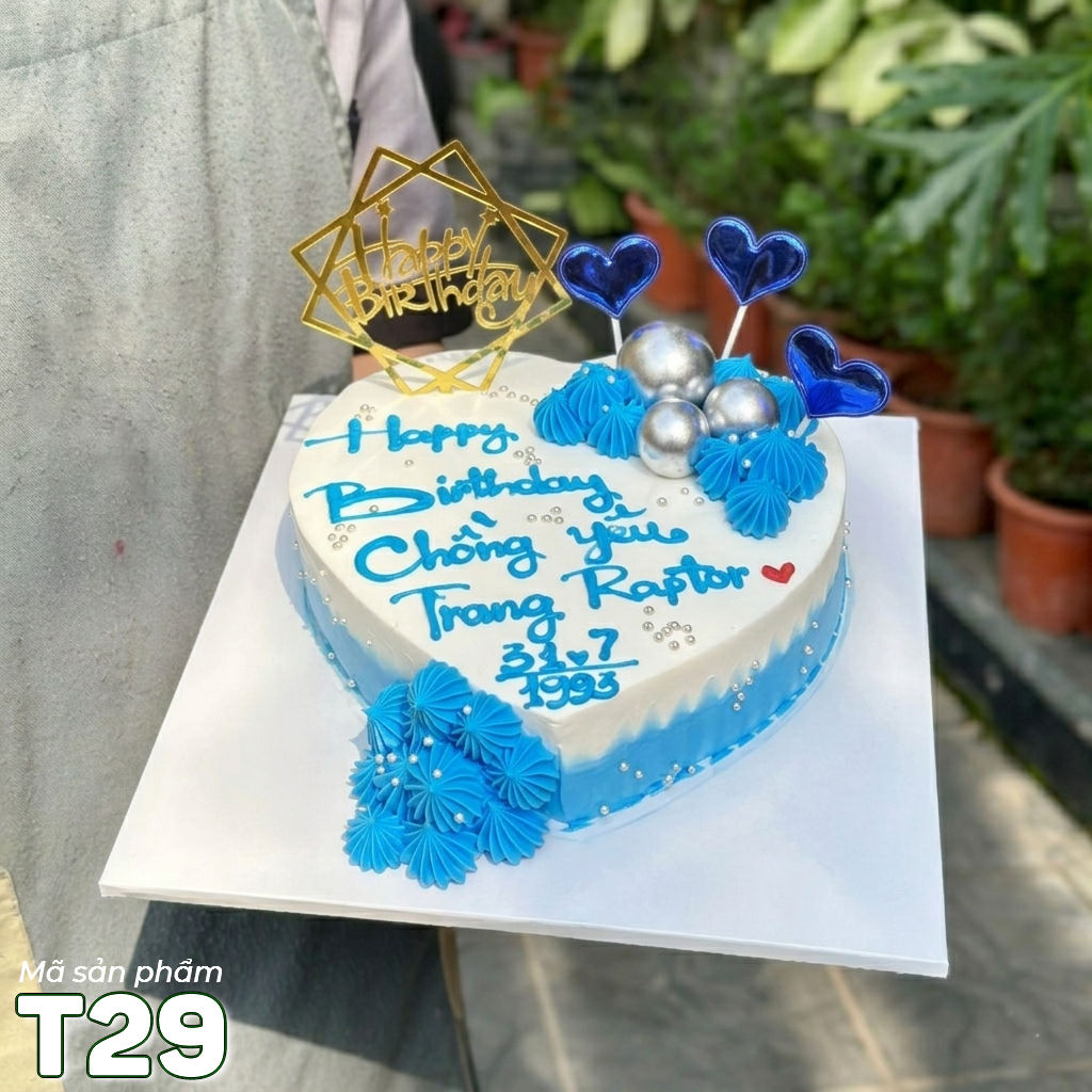 Bánh kem trái tim T29 màu trắng xanh dương đơn giản mang phong cách hiện đại tặng cho nam