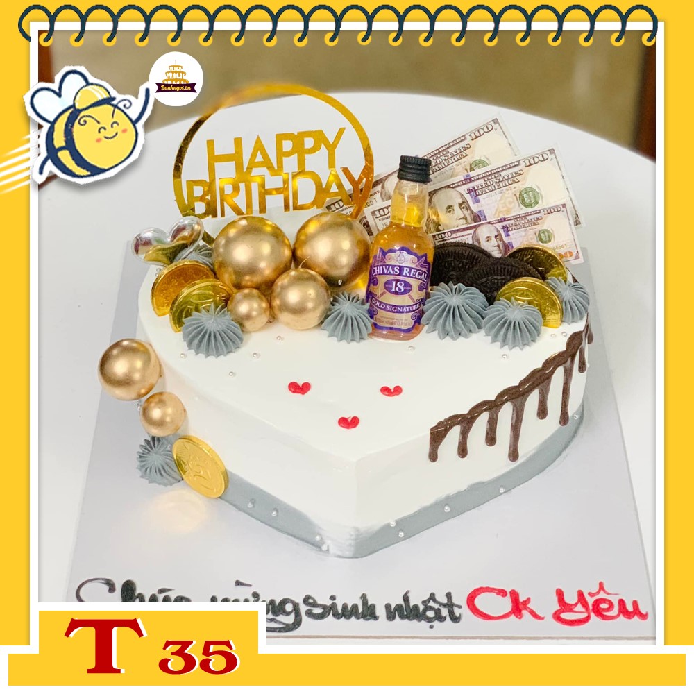 Bánh kem T35 trái tim tặng chồng gắn nhiều phụ kiện đẹp sang trọng
