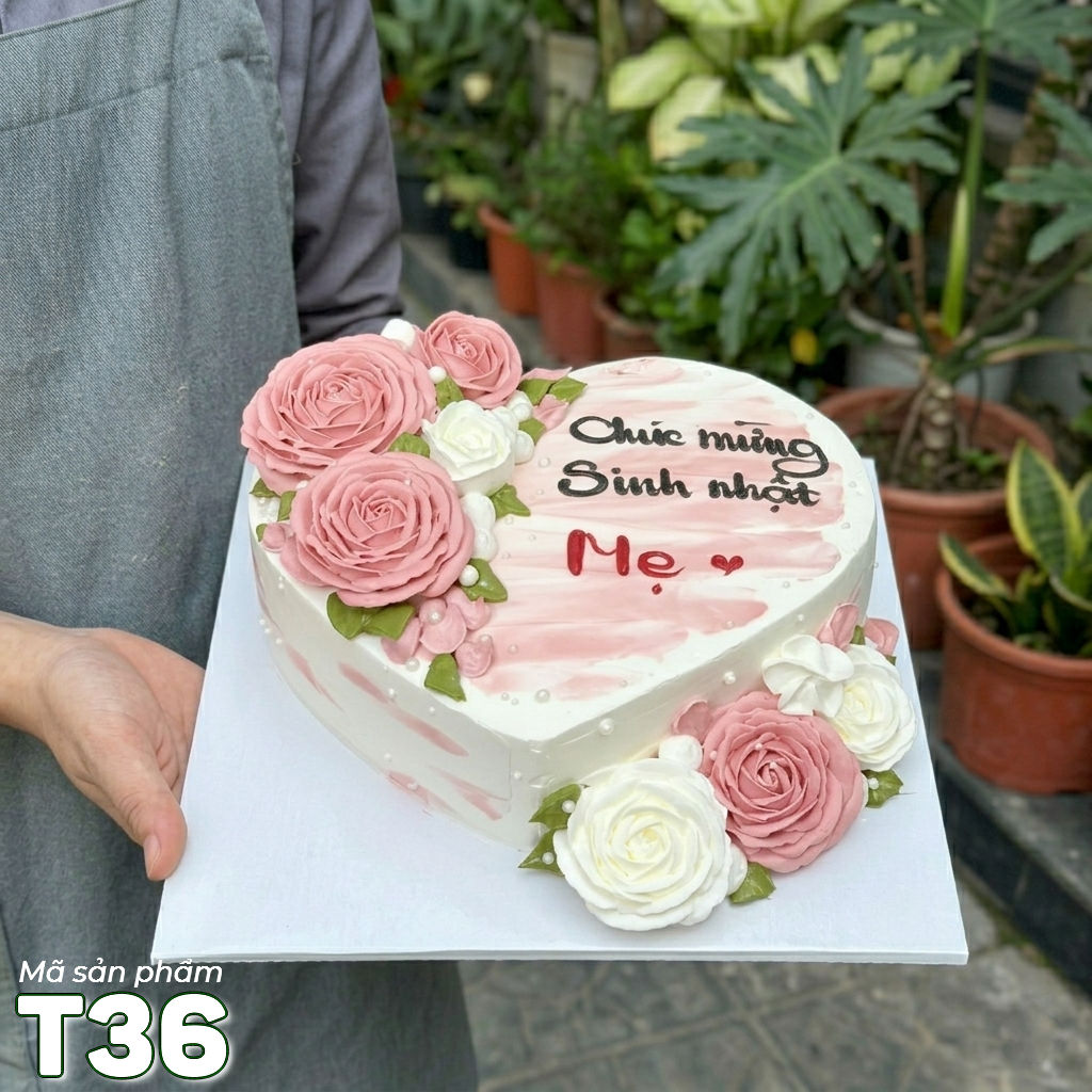 Bánh kem T36 trái tim sinh nhật mẹ bắt hoa hồng màu trắng và hồng kem xinh