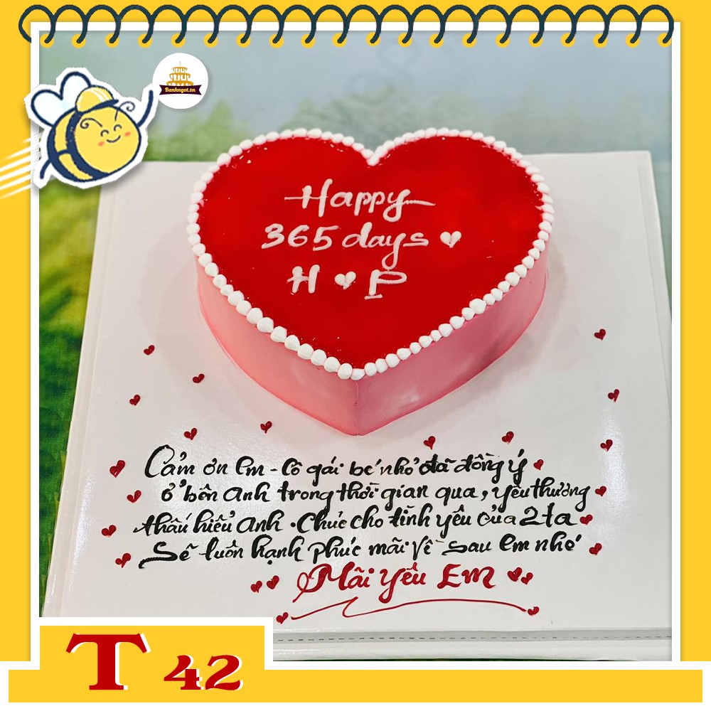 Bánh kem T42 trái tim màu đỏ hồng kỷ niệm 365 ngày yêu nhau ngọt ngào