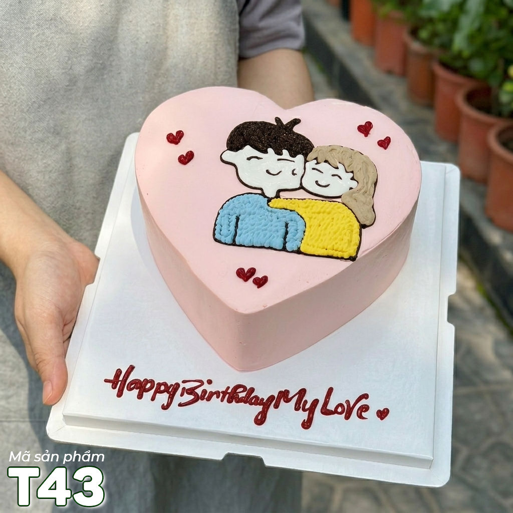 Bánh kem T43 trái tim màu hồng vẽ hình chibi cặp đôi tặng người yêu
