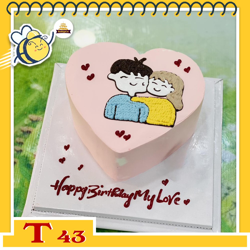 Bánh kem T43 trái tim màu hồng vẽ hình chibi cặp đôi tặng người yêu