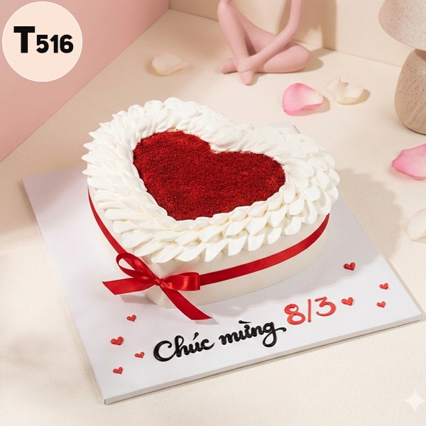 Bánh kem 8/3 T516 trái tim nhung đỏ viền kem cánh hoa kiêu sa