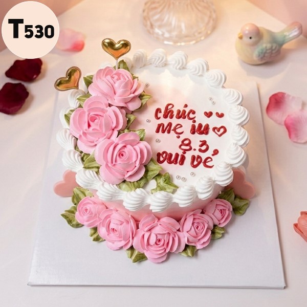 Bánh kem 8/3 T530 vườn hồng rực rỡ và tim vàng sang trọng