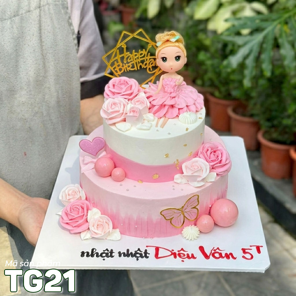 Bánh kem TG21 hai tầng búp bê bé gái màu hồng trắng cực xinh yêu