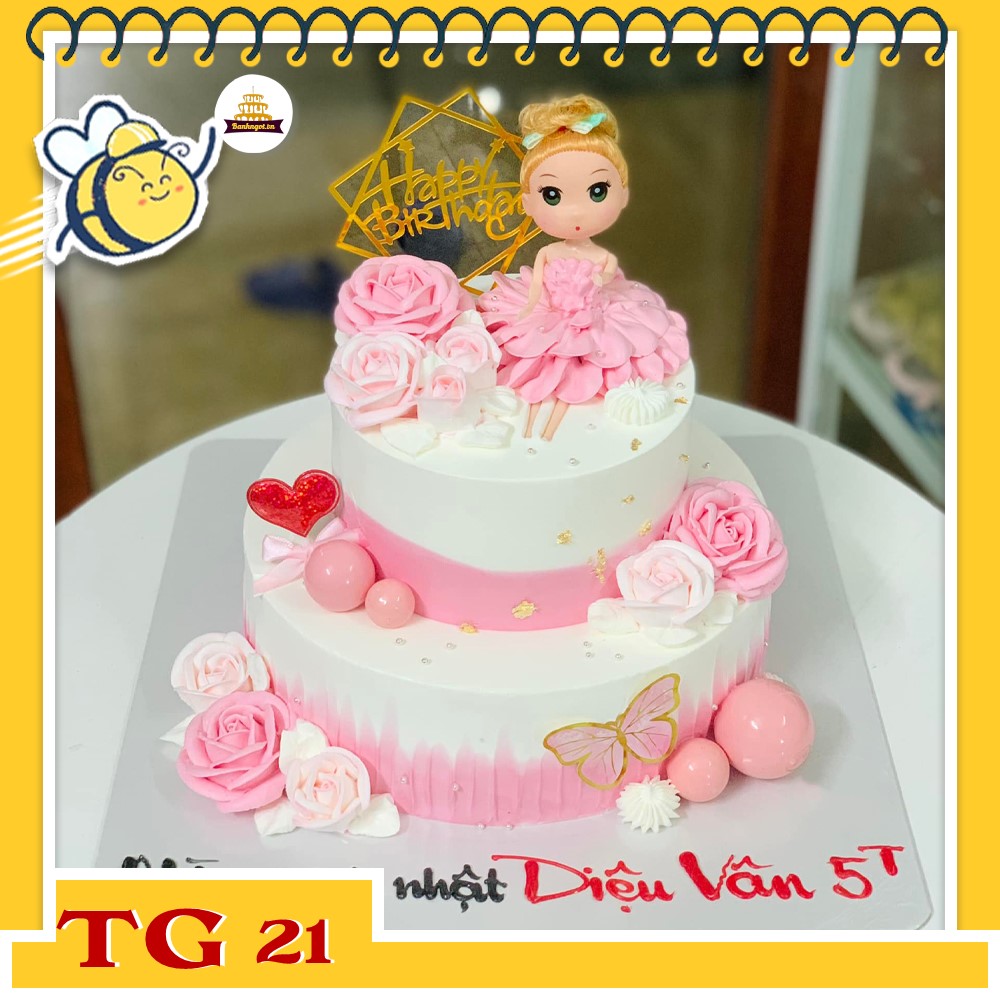 Bánh kem TG21 hai tầng búp bê bé gái màu hồng trắng cực xinh yêu