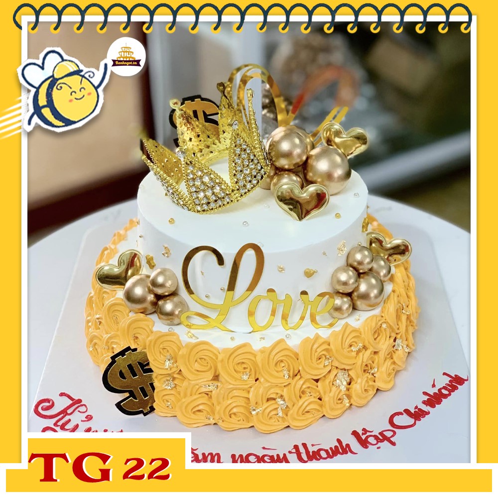 Bánh kem TG22 hai tầng màu cam trắng phụ kiện vàng gold sanh chảnh