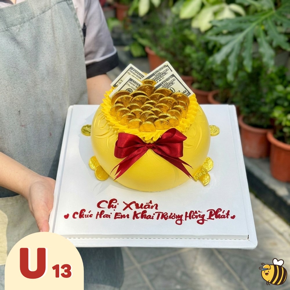 Bánh kem U13 hũ vàng tiền vàng đô la mừng khai trương hồng phát