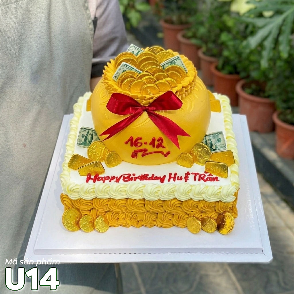 Bánh kem U14 hai tầng vuông và hũ vàng tiền đô hoành tráng sang giàu