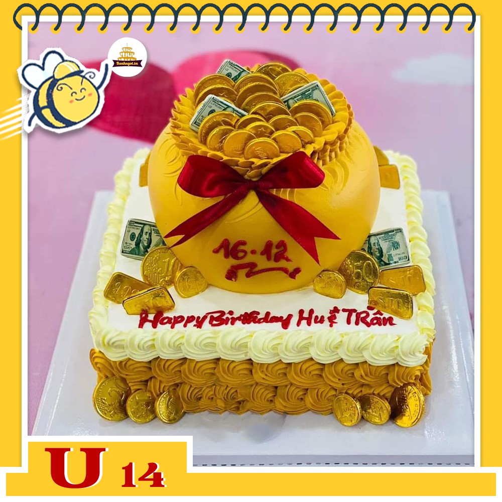 Bánh kem U14 hai tầng vuông và hũ vàng tiền đô hoành tráng sang giàu