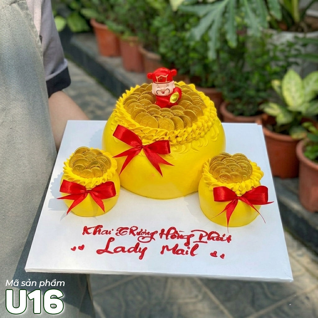Bánh kem U16 ba hũ vàng chúc khai trương hồng phát đón tài lộc