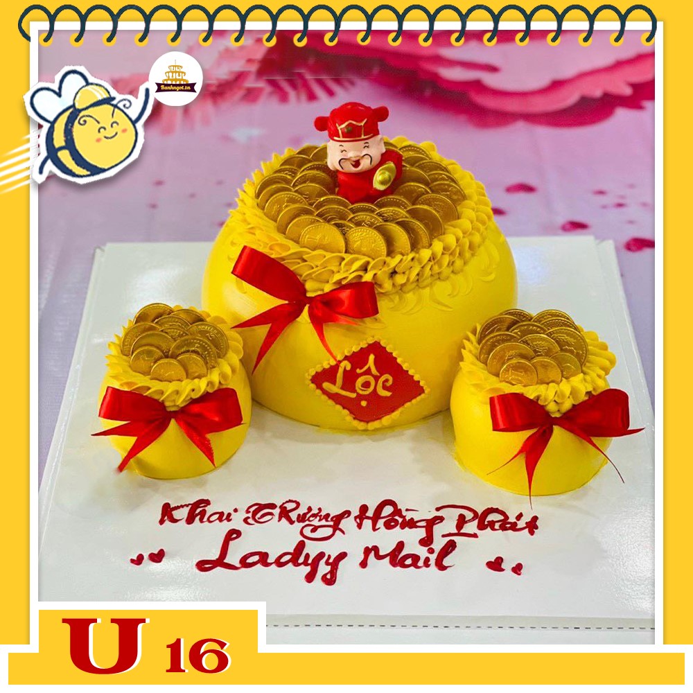 Bánh kem U16 ba hũ vàng chúc khai trương hồng phát đón tài lộc