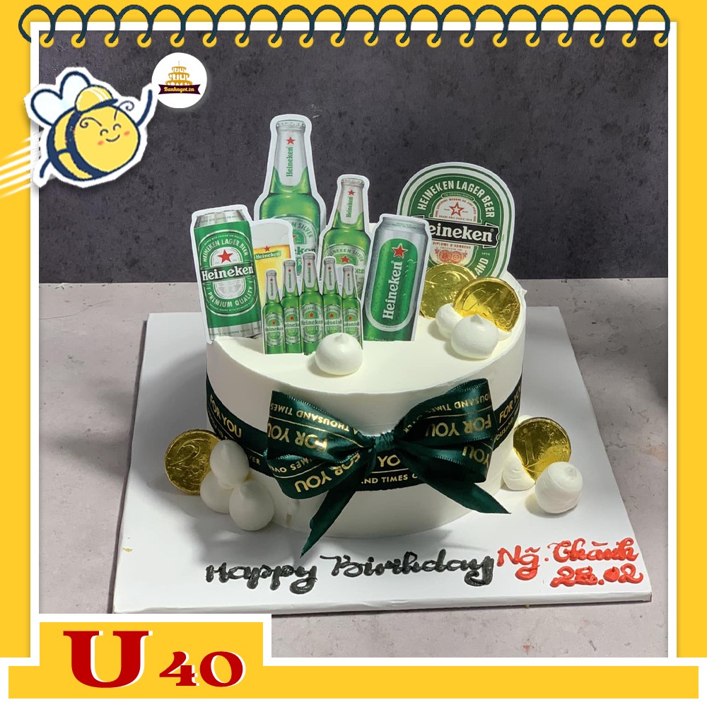 Bánh kem U40 bánh sinh nhật mini phụ kiện lon bia chai bia Ken cho nam