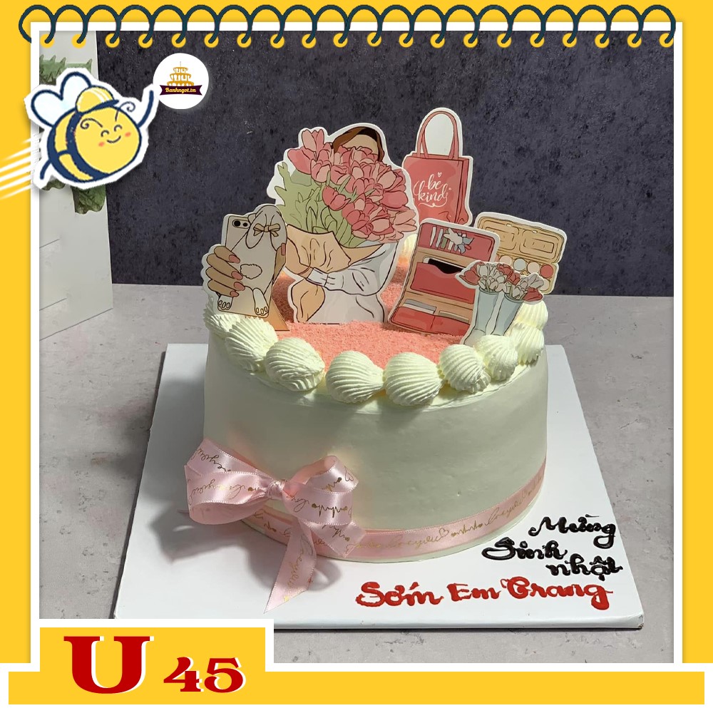 Bánh kem U45 bánh sinh nhật mini phụ kiện tặng nữ màu hồng phấn