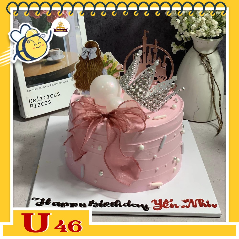 Bánh kem U46  bánh sinh nhật mini màu hồng nơ bánh bèo vương miện bạc