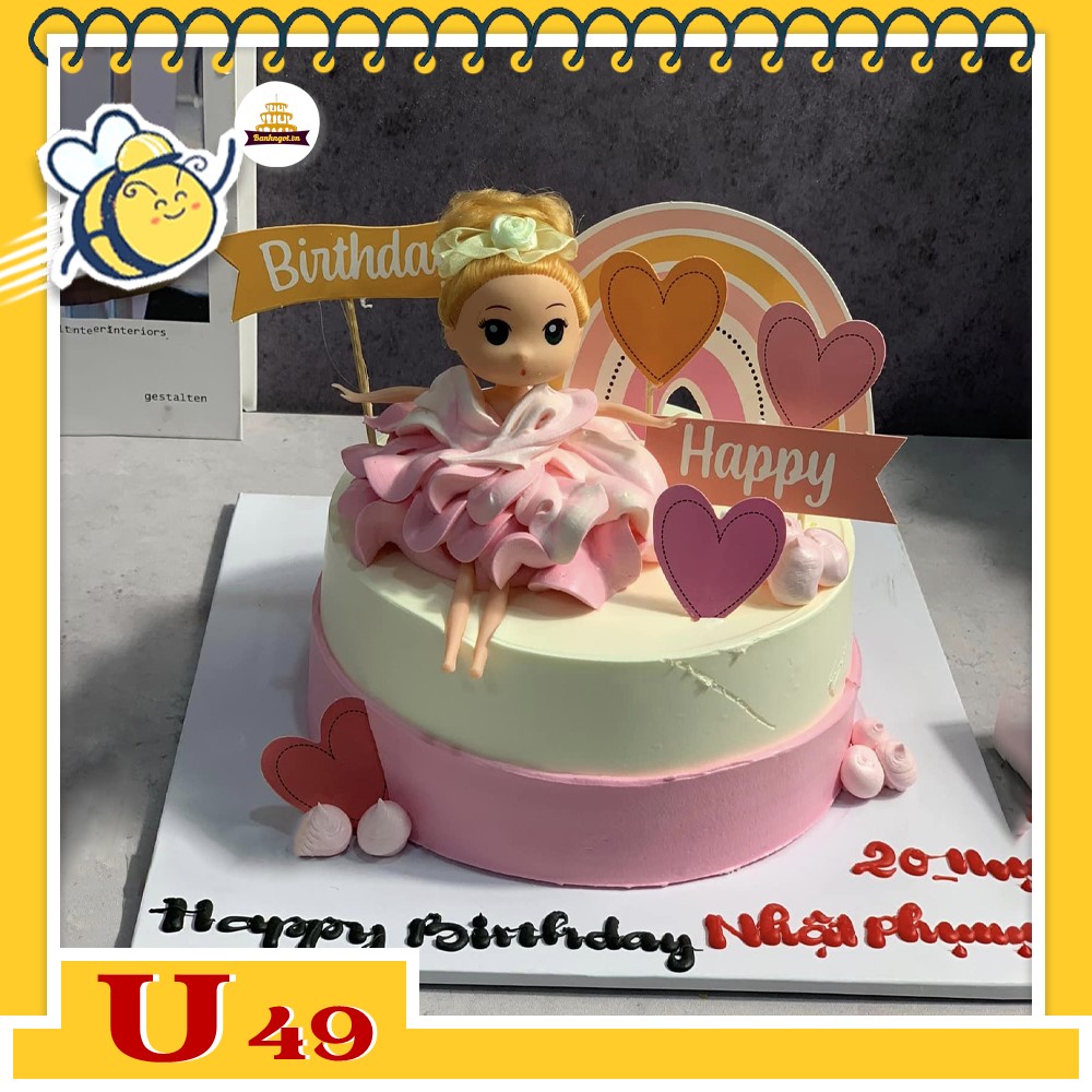 Bánh kem U49 bánh sinh nhật mini bé búp bê hồng ngồi cùng trái tim xinh