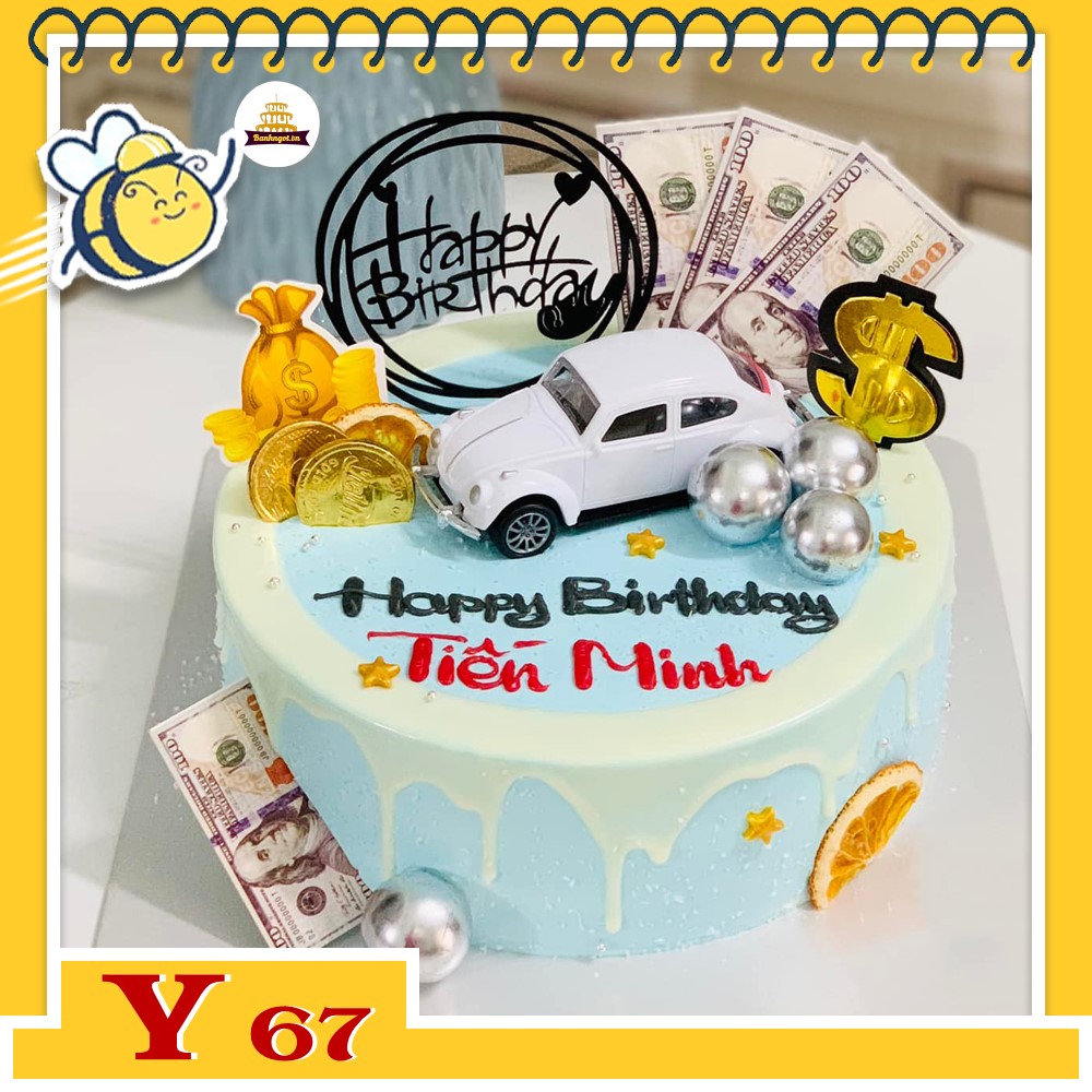 Bánh kem Y67 nền xanh phủ cocola trắng chảy cùng phụ kiện tiền vàng oto
