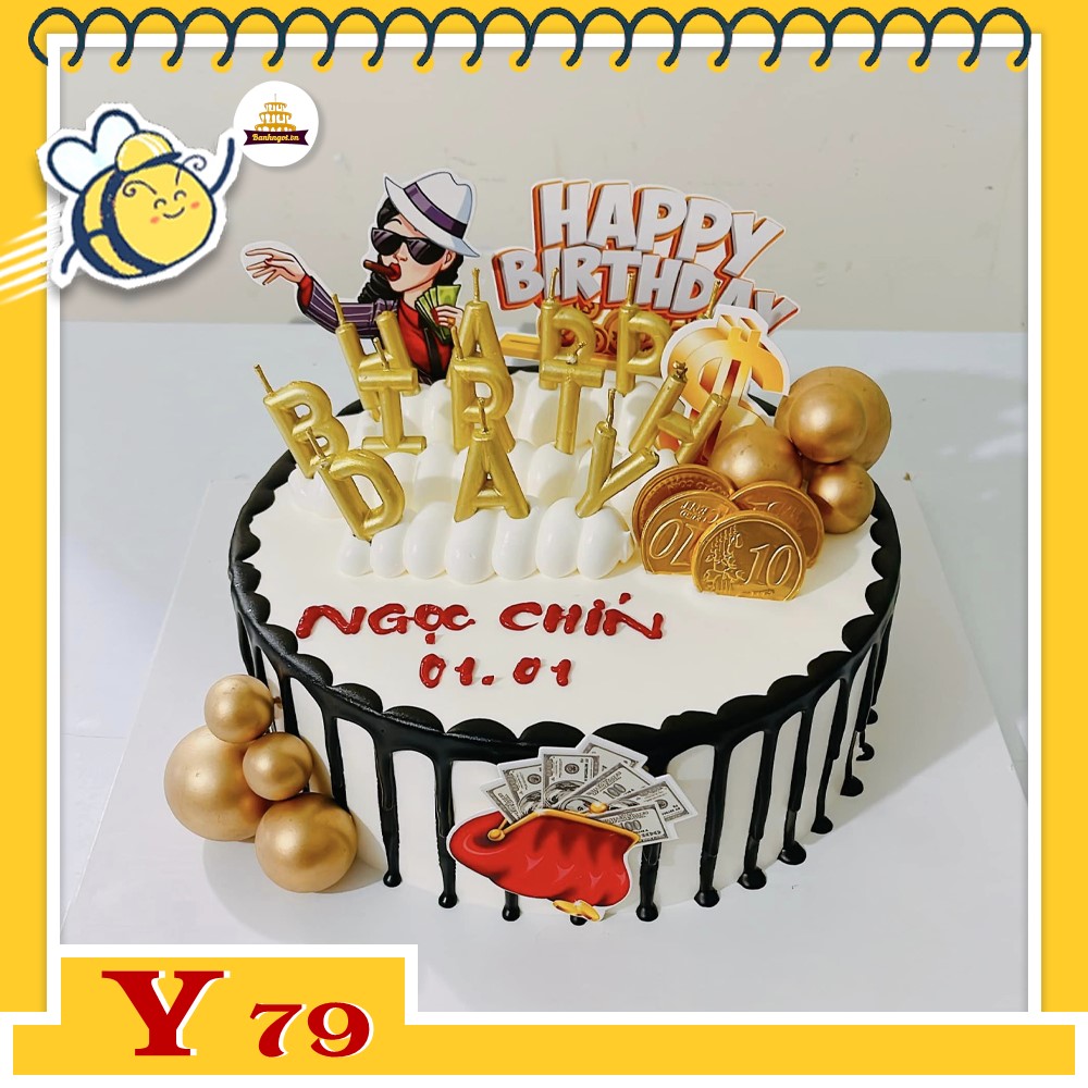 Bánh kem Y79 socola chảy trên nền bánh trắng cùng bộ nến happy birthday xịn xò