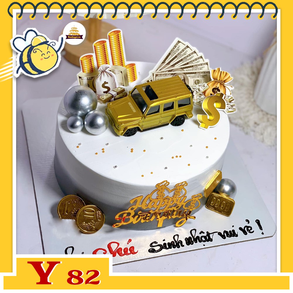Bánh kem Y82 sang trọng với chiếc xe oto cùng tiền vàng đô la chúc phú quý