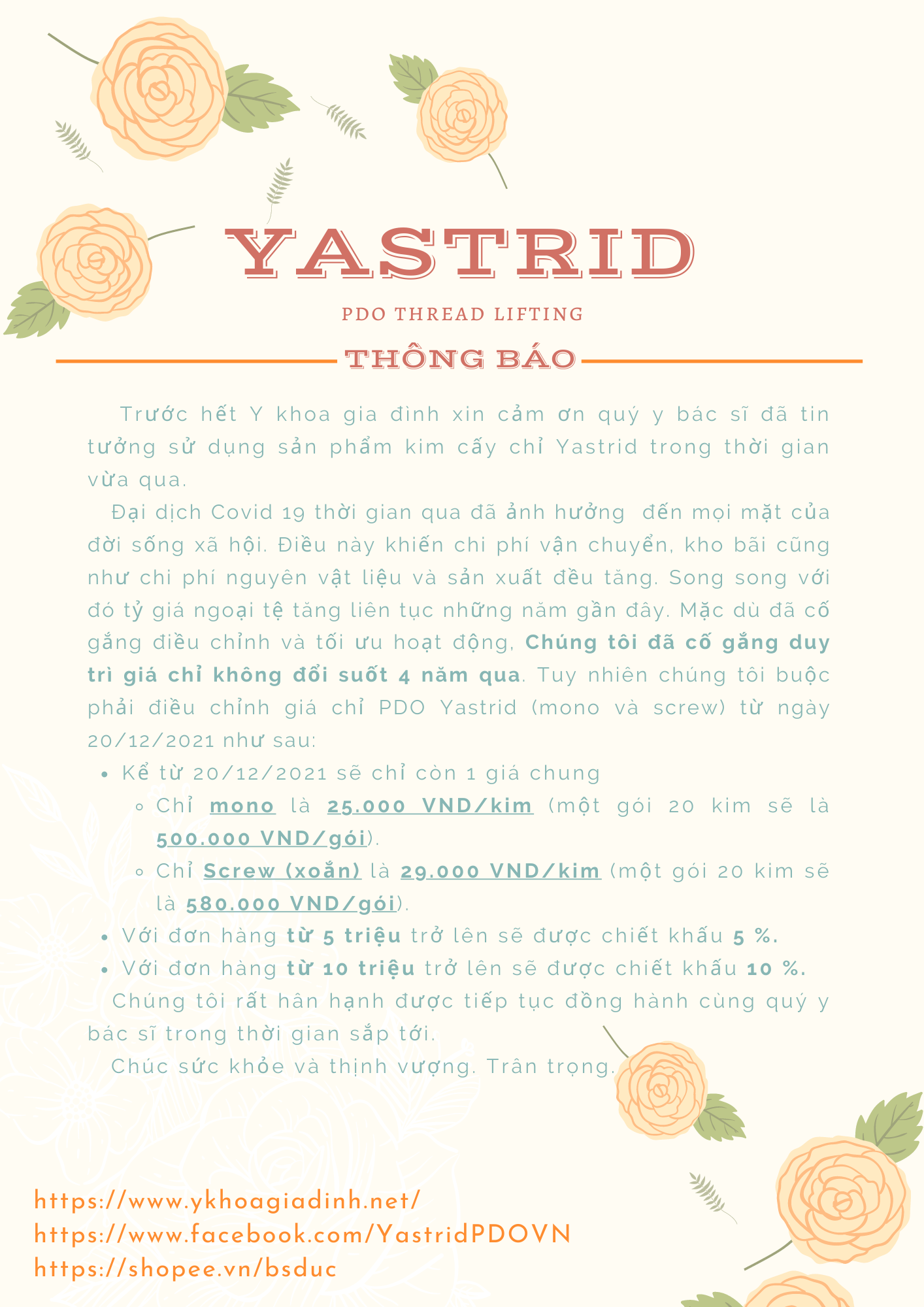 Thông báo điều chỉnh giá kim cấy chỉ PDO Yastrid Thông báo điều chỉnh giá kim cấy chỉ PDO Yastrid