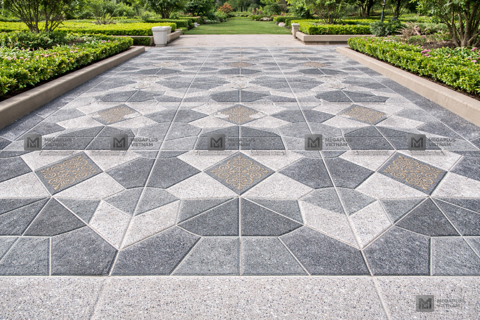 Phối cảnh thực tế gạch Cotto Mikado MV5507 lát sân vườn biệt thự resort sang trọng