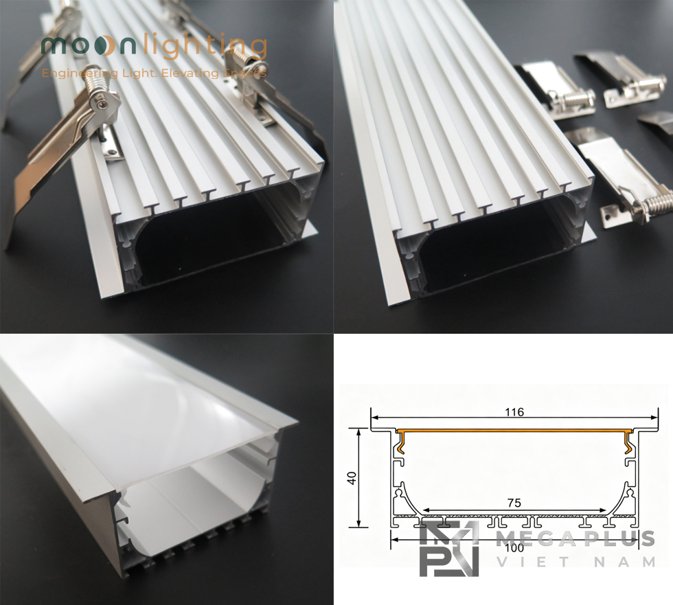 Cận cảnh bề mặt thanh nhôm âm trần bản rộng 100mm MGA-BG13 Moon Lighting
