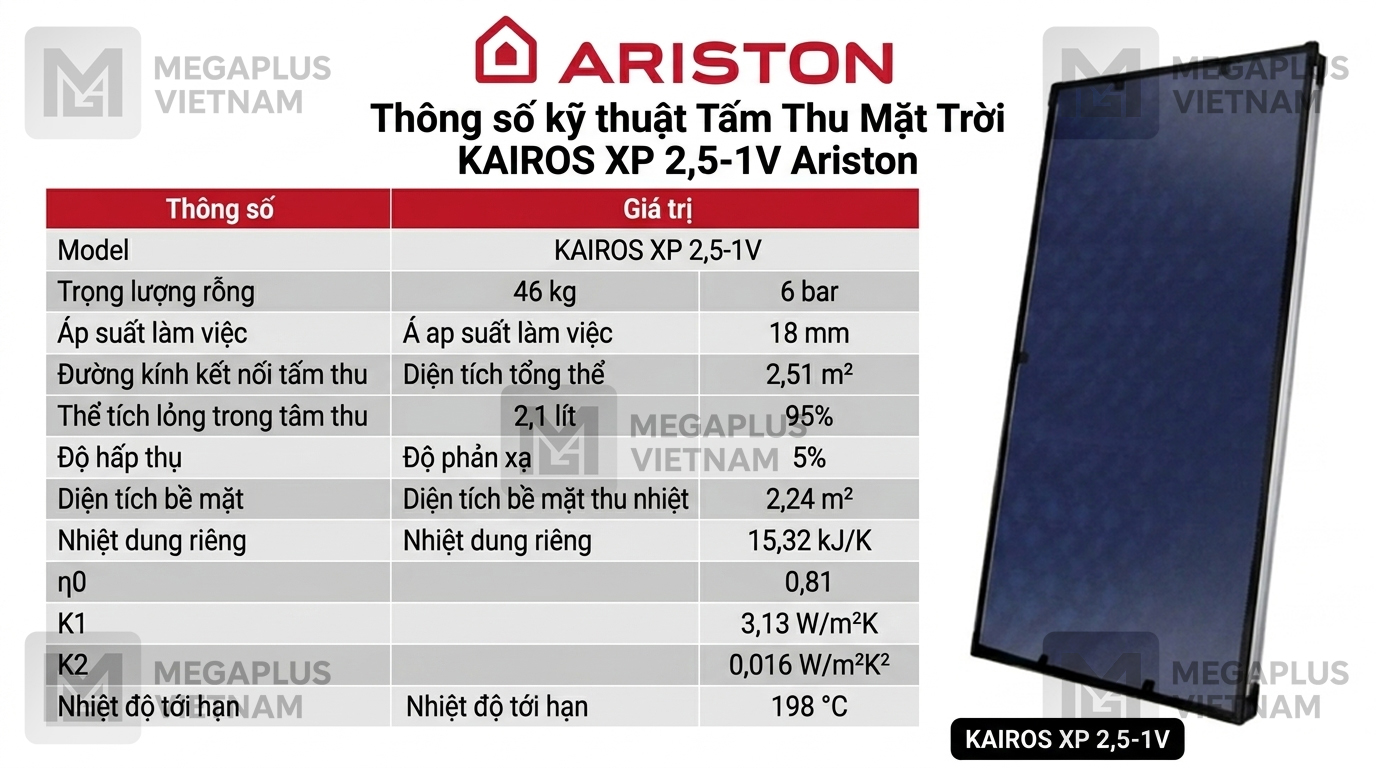 Thông số kỹ thuật KAIROS XP 2,5-1V Bảng thông số kỹ thuật chi tiết tấm thu nhiệt Ariston KAIROS XP 2,5-1V