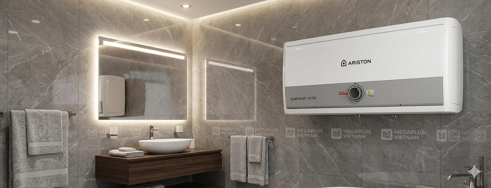 Hình ảnh lắp đặt thực tế bình nóng lạnh Ariston Slim3 R trong phòng tắm chung cư