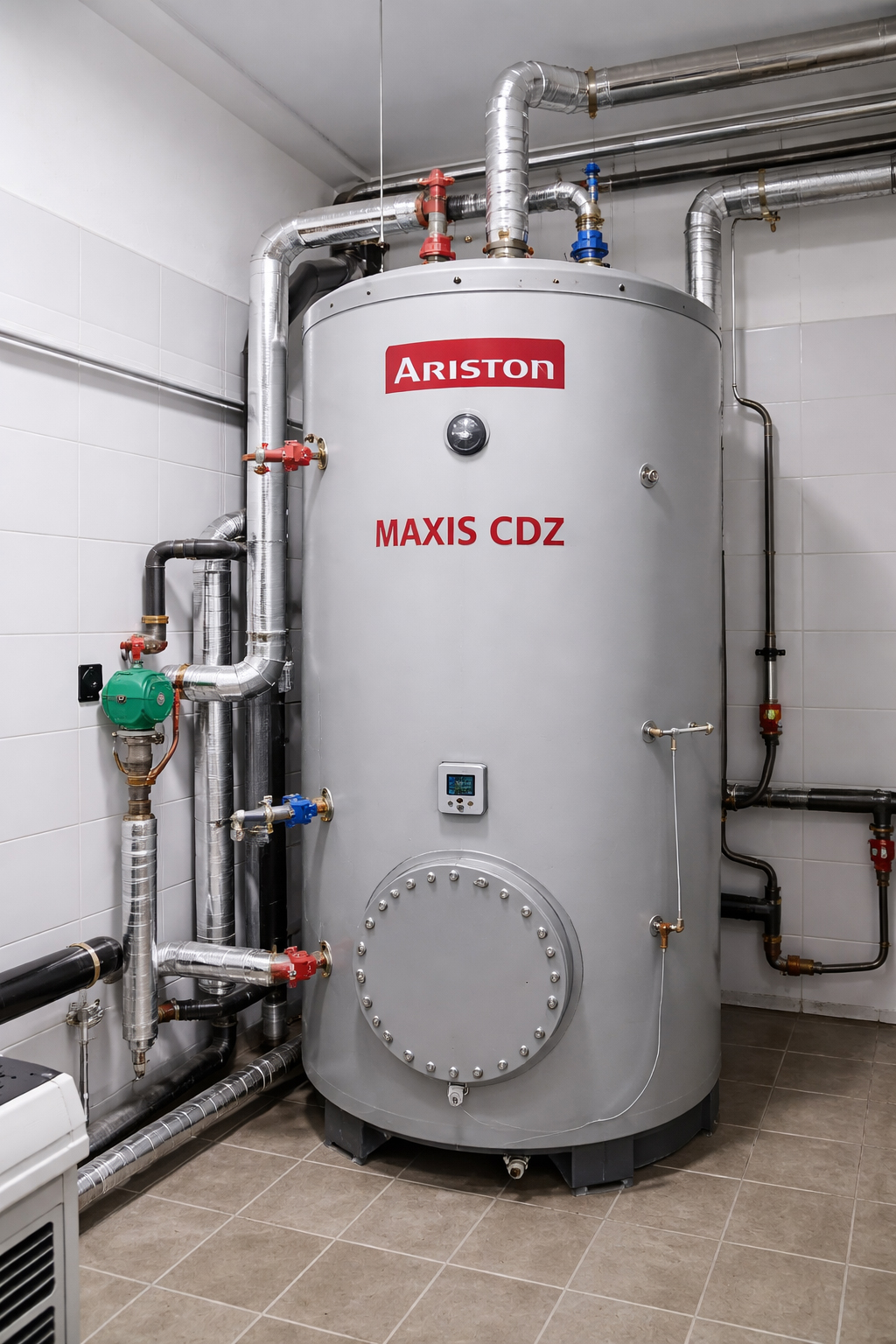 Sơ đồ nguyên lý bồn chứa nước nóng công nghiệp Ariston kết hợp hệ thống tuần hoàn nước nóng