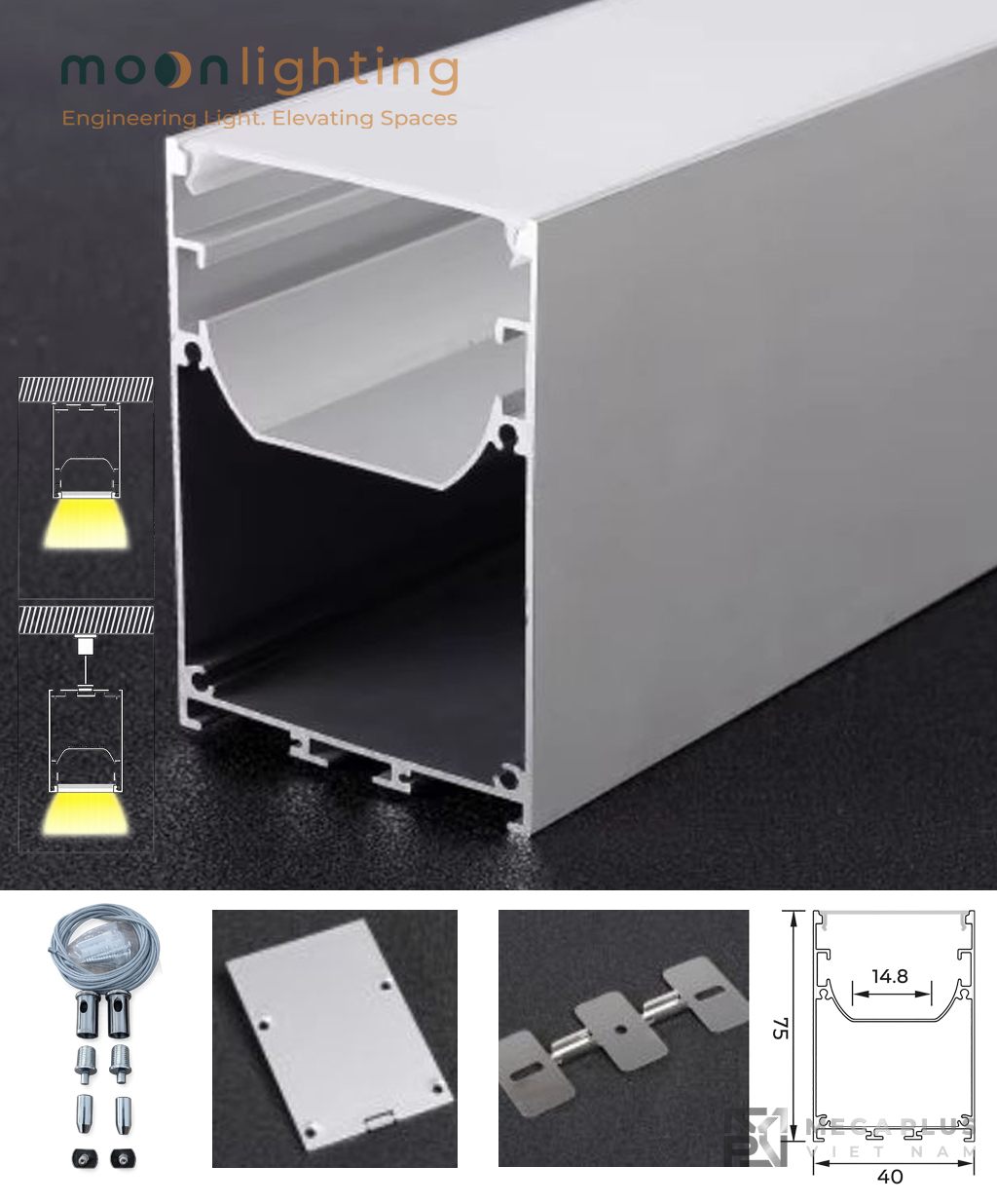 Chi tiết bề mặt thanh nhôm Anodized Moon Lighting MGA-BG17A bản to 40x75mm