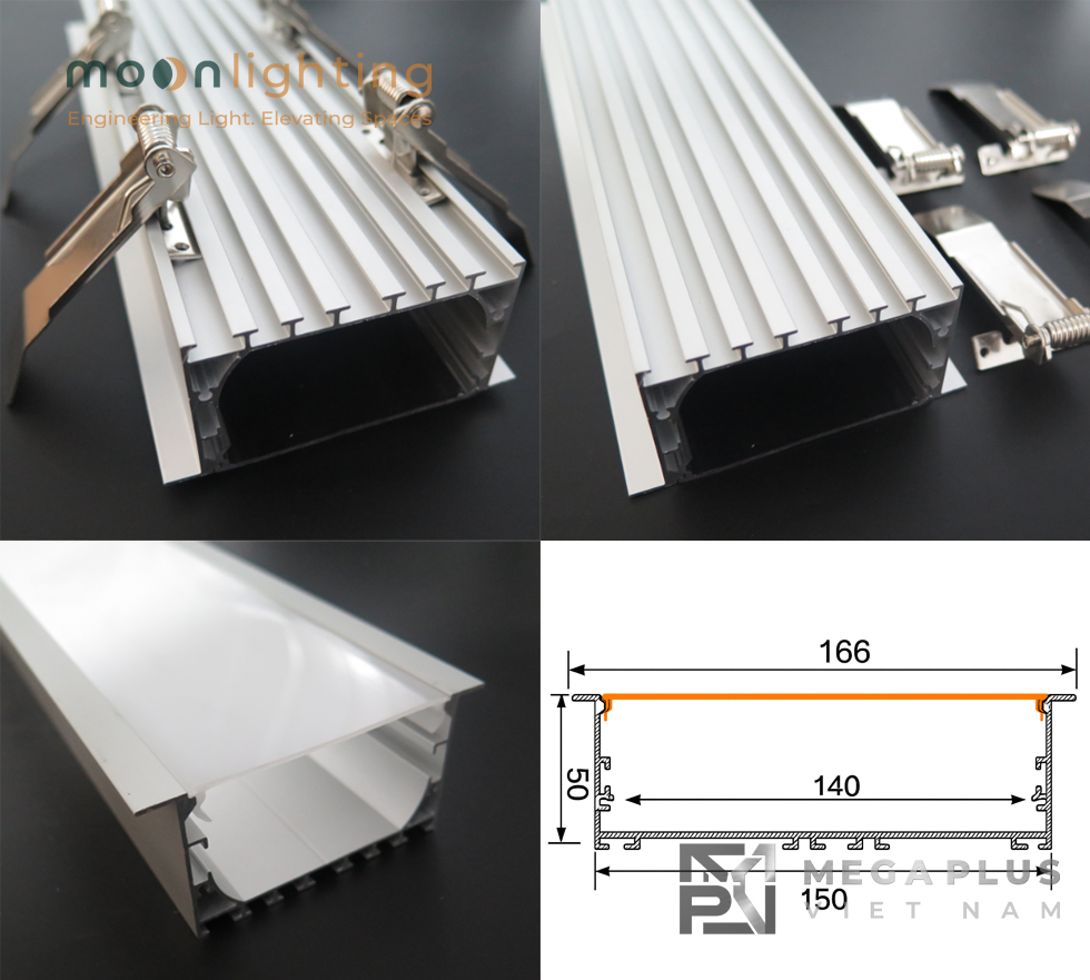 Cận cảnh bề mặt thực tế thanh nhôm MGA-BG66 và nắp PMMA liền mạch