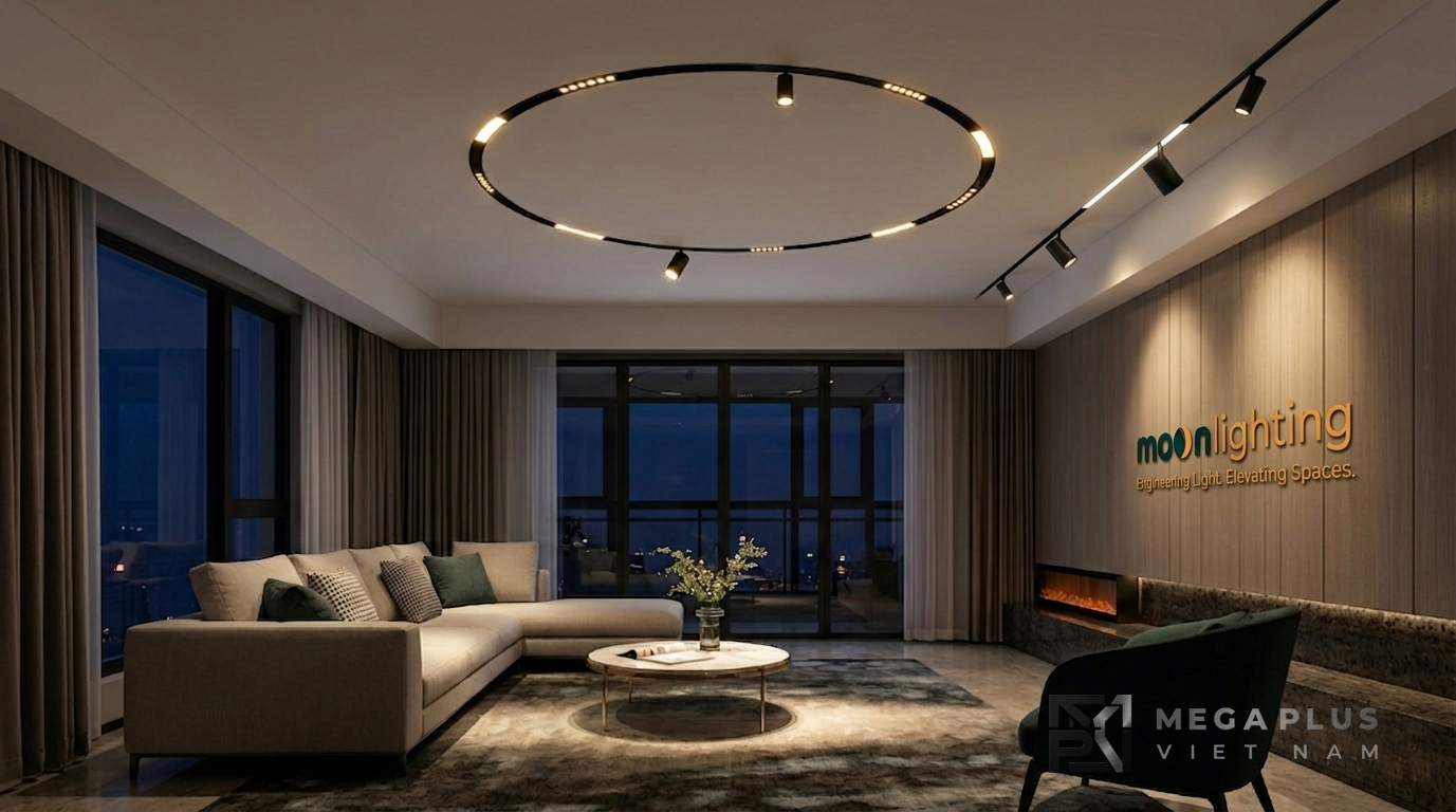 Phối cảnh hệ thống chiếu sáng thanh ray nam châm âm trần D900mm cho phòng khách Penthouse
