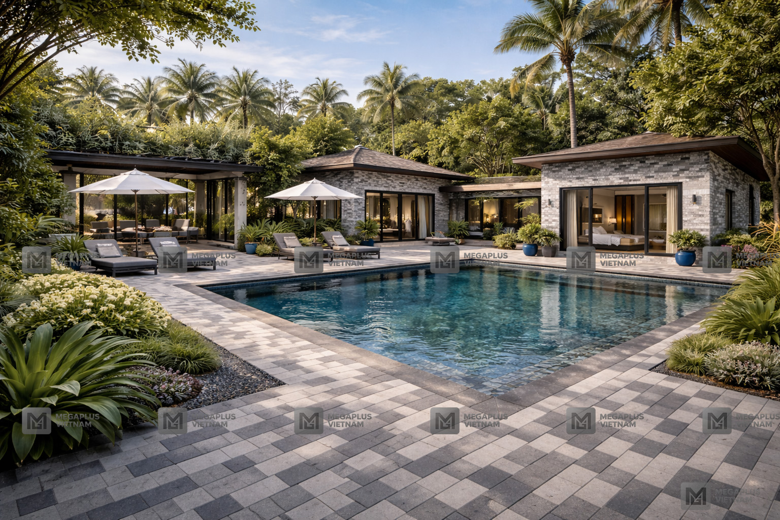 Phối cảnh thực tế gạch lát sân vườn Cerinco CK4504 khuôn định hình men matt