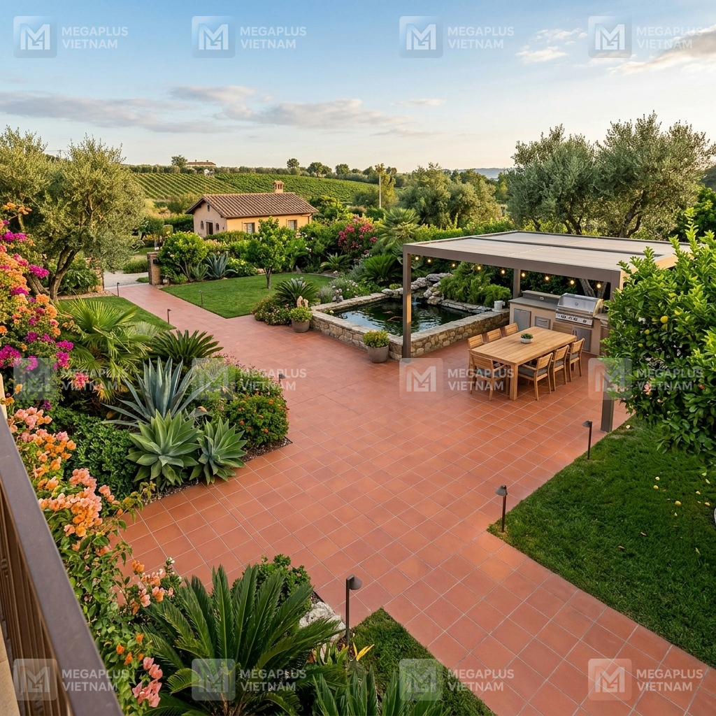 Ứng dụng gạch Cotto Mikado lát sân vườn ngoài trời