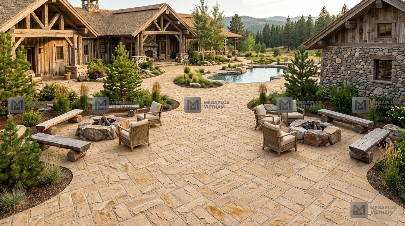 Phối cảnh thực tế Gạch Ceramic Mikado MK4032 lát sân vườn Resort phong cách Rustic
