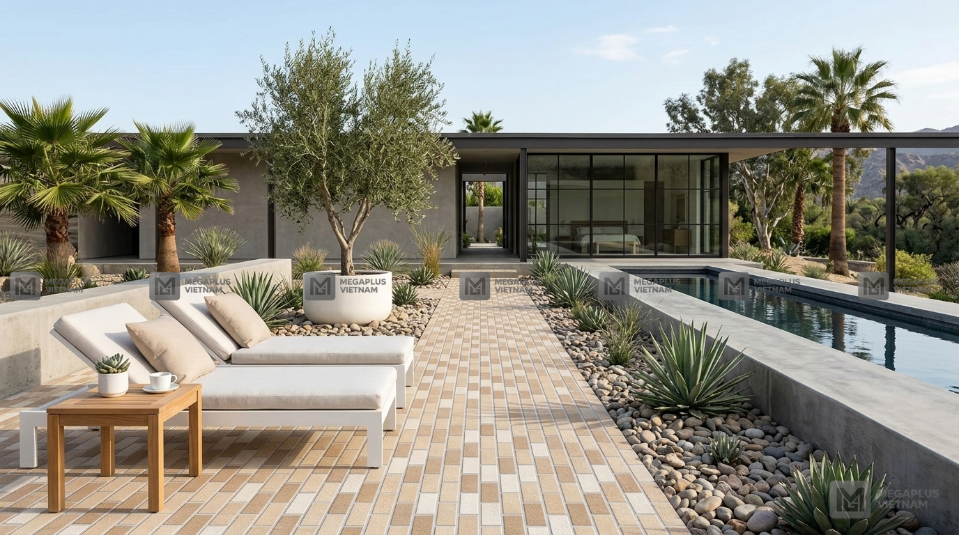 Phối cảnh gạch Videcor VK4802 lát sân vườn biệt thự hiện đại chống trơn trượt