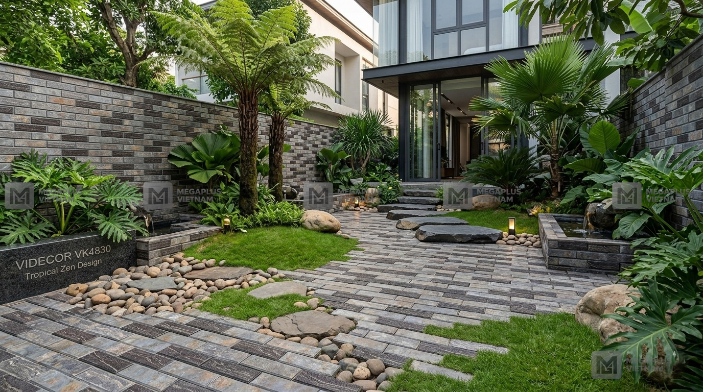 Phối cảnh thực tế gạch lát sân vườn biệt thự Videcor VK4830 khuôn định hình