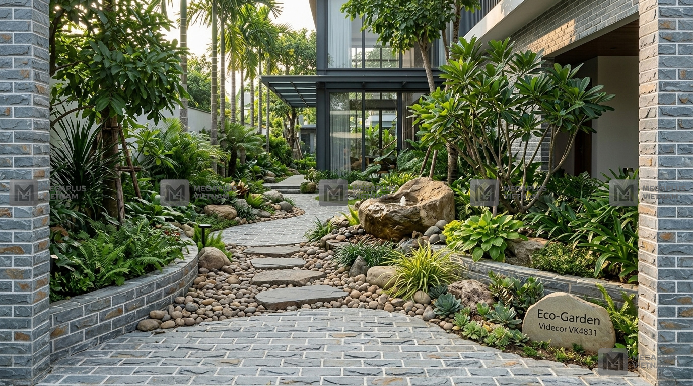 Phối cảnh sân vườn biệt thự lát gạch Videcor VK4831 chống trơn