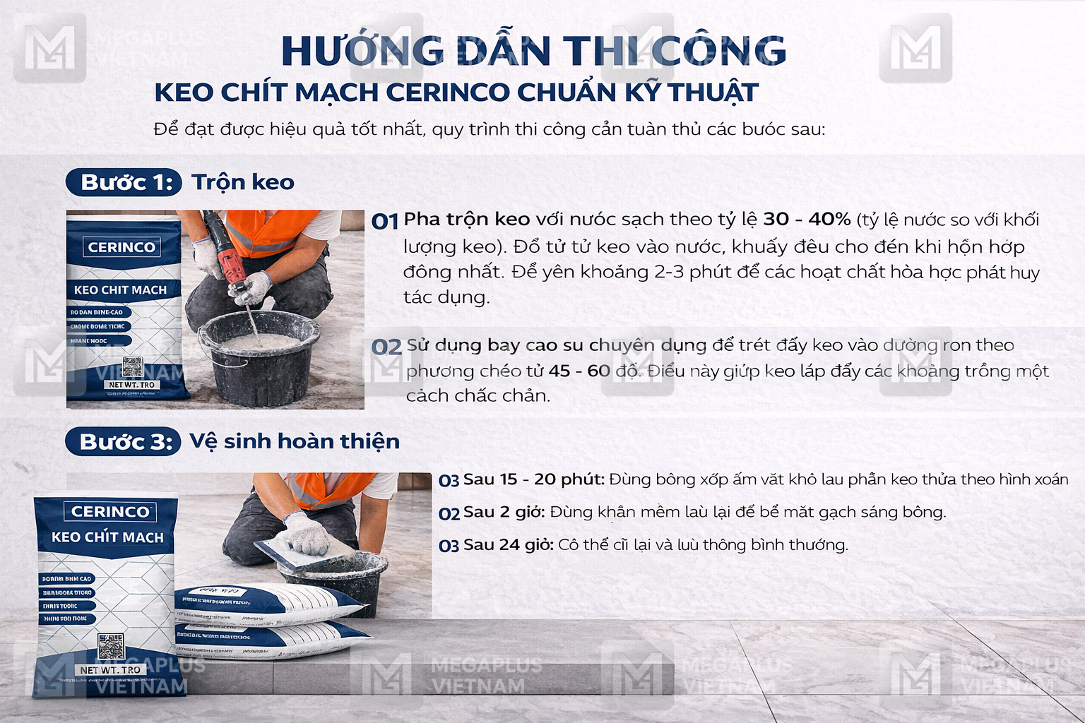 Cách sử dụng bay cao su trét keo chít mạch Cerinco theo góc 45 độ