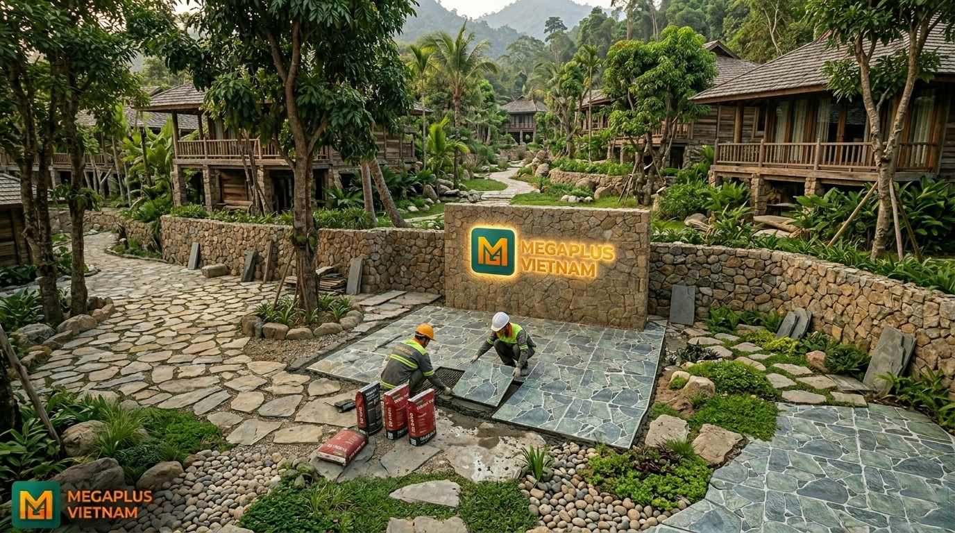 Kỹ thuật thi công lát gạch sân vườn 600x600 Mikado MSV6002 sử dụng ke cân bằng